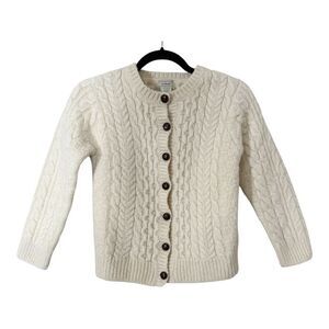 L.L. Bean Vintage Girls 100% Wool Cream Ireland Cable Aran Knit Cardigan Small